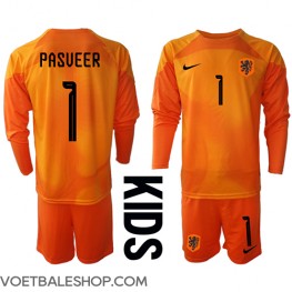 Nederland Remko Pasveer #1 Keeper Uit tenue Kids WK 2022 Lange Mouw (+ Korte broeken)