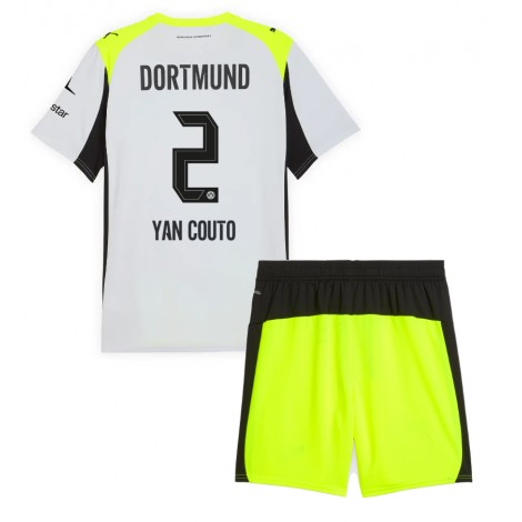 Borussia Dortmund Yan Couto #2 Uit tenue Kids 2025-26 Korte Mouw (+ Korte broeken)