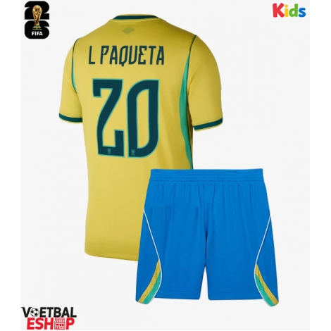 Brazilië Lucas Paqueta #20 Thuis tenue Kids WK 2026 Korte Mouw (+ Korte broeken)