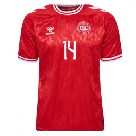 Denemarken Mikkel Damsgaard #14 Thuis tenue EK 2024 Korte Mouw Denemarken Mikkel Damsgaard #14 Thuis tenue EK 2024 Korte Mouw