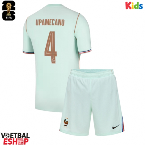 Frankrijk Dayot Upamecano #4 Uit tenue Kids WK 2026 Korte Mouw (+ Korte broeken)
