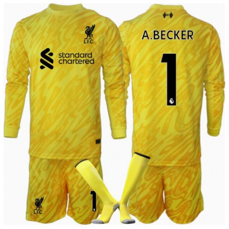 Liverpool Alisson Becker #1 Keeper Derde tenue Kids 2024-25 Lange Mouw (+ Korte broeken)