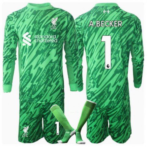 Liverpool Alisson Becker #1 Keeper Uit tenue Kids 2024-25 Lange Mouw (+ Korte broeken)